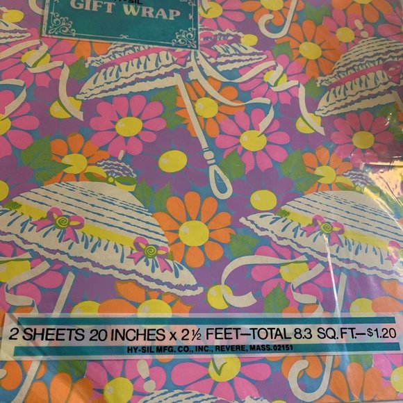 VTG Gift Wrap Wrapping Paper New Hy-Sil Flower Umbrella Parsol Purple Pink Orang - Picture 3 of 7